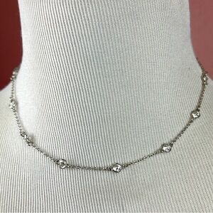 .925 Sterling Silver clear round stones choker style station set necklace